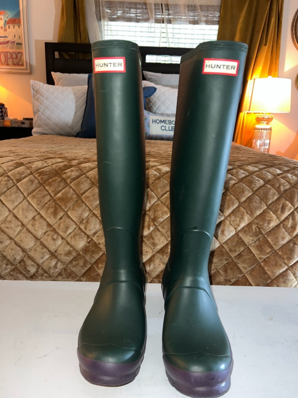 Hunter Dark Green Tall Rain Boots with Purple Soles. Limited edition.